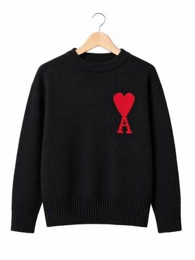 AMI Paris Ami de Coeur Black Crewneck Sweater ❤️ | Cotton Wool Blend